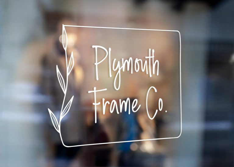 Plymouth Frame Co. logo as a window decal