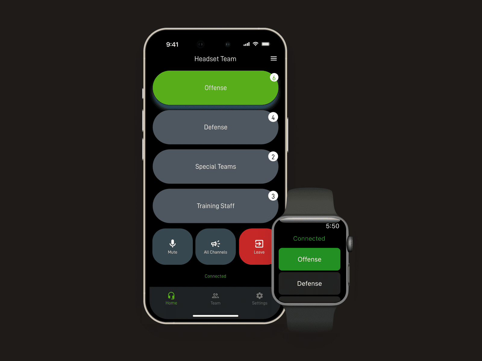 The Headset App displayed on an iPhone and Apple Watch screen