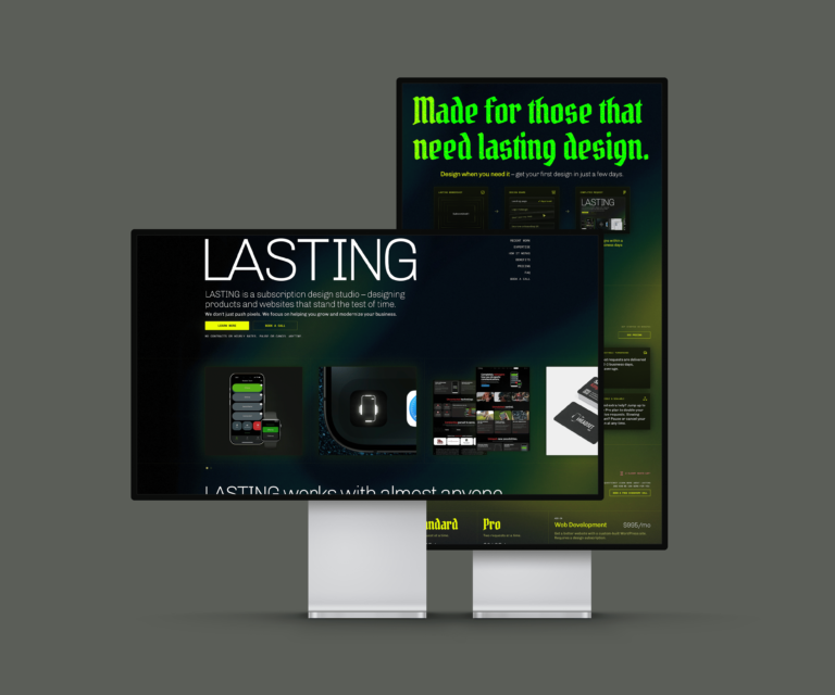 LASTING design studio website displayed on two large desktop monitors
